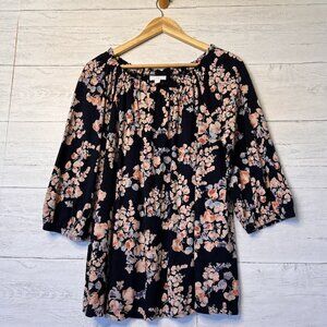 J Jill Blouse Size Large Navy Floral Print 3/4 Sleeve Ruffle Cottagecore Ditsy
